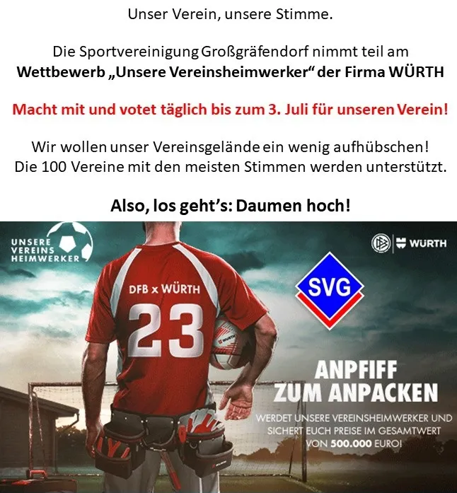 Votet für unsere SVG beim Wettbewerb "Unsere Vereinsheimwerker"