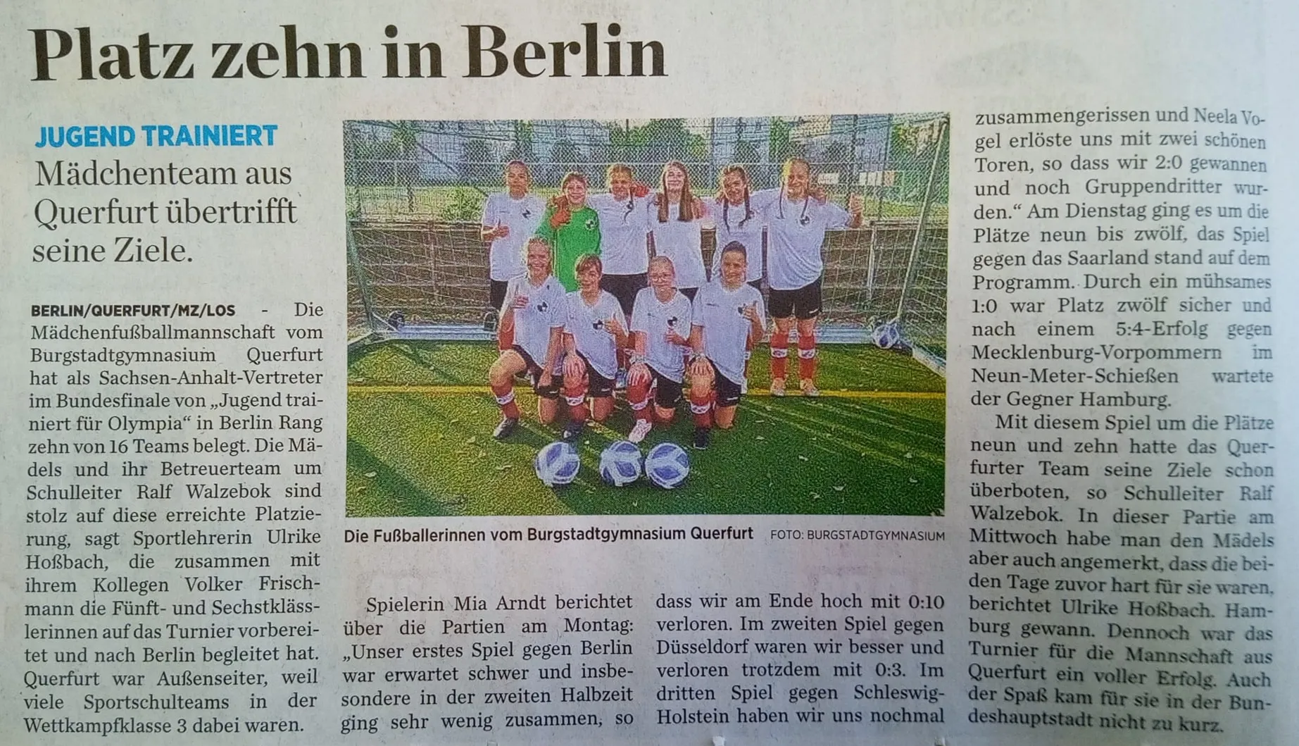 SVG-Mädels mit Burgstadtgymnasium auf Platz 10 beim Bundesfinale